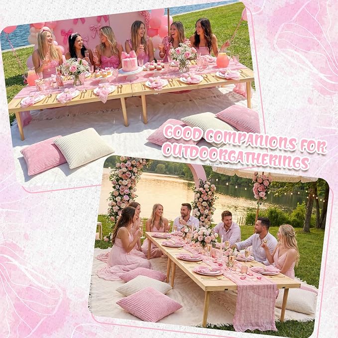 Beeveer 28 Pcs Picnic Kit 91x71 Extra Large Outdoor 2 Boho Picnic Blanket with 2 Pink Table Runner, 12 Throw Pillow Cover 12 Napkin Woven Cotton Yarn Oversize Washable Beach Blanket for Camp Wedding