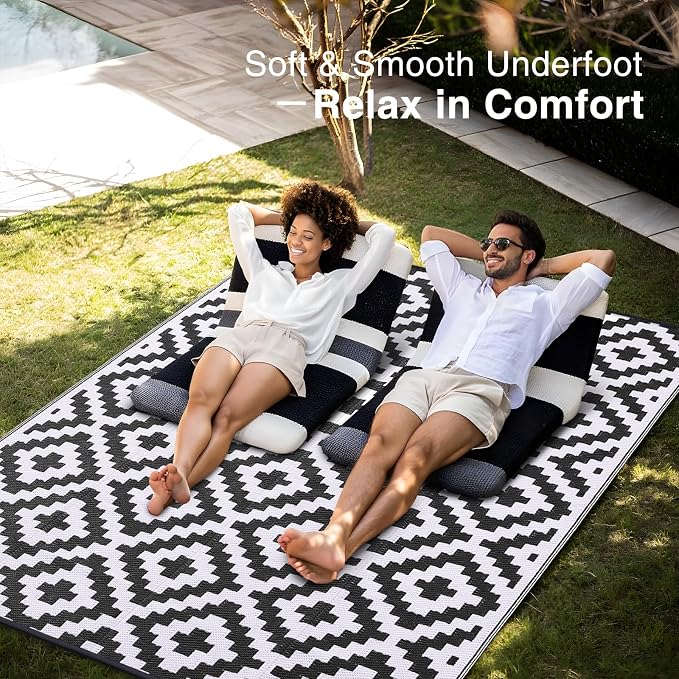 OLANLY Waterproof Outdoor Rug 10x14 ft, Outdoor Plastic Straw Rug for Camping, RV Mat Outside, Indoor Outdoor Carpet for Porch, Deck, Backyard, Balcony, Picnic, Black & White