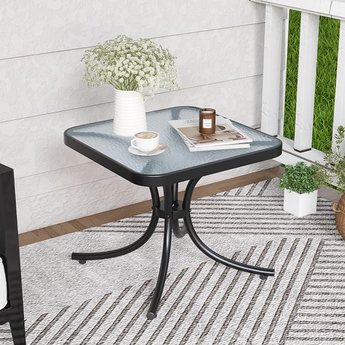 Giantex Small Outdoor Side Table with Tempered Glass Top, Heavy-Duty Metal Frame, 110 Lbs Capacity, Square Patio Table for Balcony, Porch, Backyard, Deck, Black