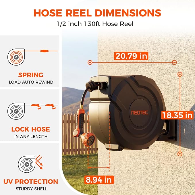 Upgraded Retractable Garden Hose Reel 1/2 inch x 130 ft 9 Pattern Nozzle Wall-Mounted Any Length Lock Automatic Slow Return 180° Swivel UV Resistant Heavy Duty Hose Reels for Outside