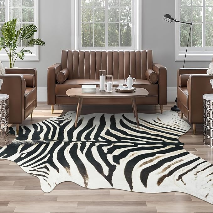 AROGAN Western Faux Zebra Rug, Sturdy Zebra Hide Rugs, Non-Slip 8 x 10 Ft | Premium Animal Skin Print Rug for Wall Decor, Western Floor Carpet for Bedroom Living Room, Black and White
