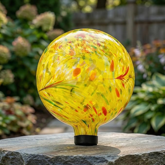 Glass Outdoor Gazing Globe, 10" Hand Blown Yellow Swirl Gazing Ball | Decorative Garden Orb for Yard, Patio, Lawn & Flower Beds