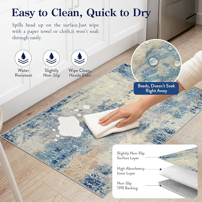 Lahome 2x4 Washable Hallway Runner Rug, Non Slip Runner Rug, Easy Clean Soft Stain Resistant Carpet for Entrance, Front Door, Door-Friendly Mat with Low Pile, 2 x 4 Blue/Ivory