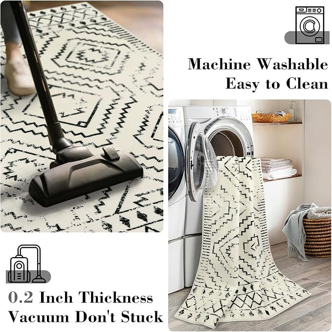 Wonnitar Moroccan Runner Rug, Washable 2'6"x8' Kitchen Runner Rug, Geometric White Hallway Bathroom Rug Runner, Non-Slip Long Boho Tribal Accent Floor Carpet for Bedroom Laundry (Beige,2'6"x8')