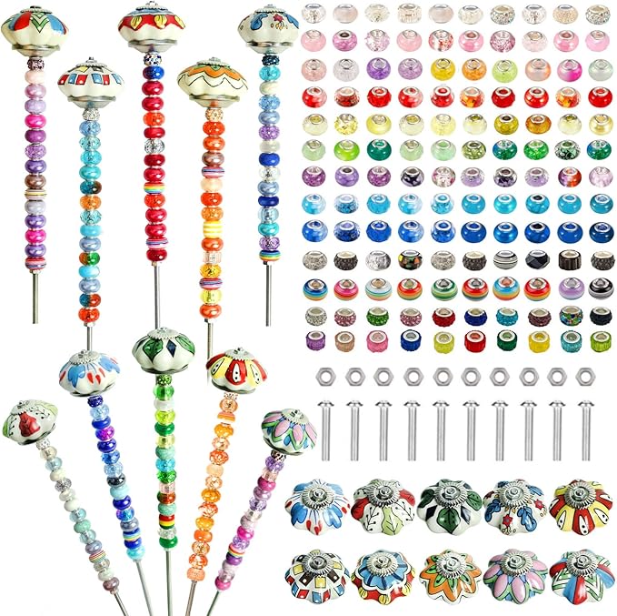 250Pcs Mushroom Beaded Garden Stakes, DIY Ceramic Wand Decor | Contains 250pcs: Ceramic Mushroom Tops, Acrylic Beads, 9.8" & 2.5" Steel Rods, Perfect for Pots, Planters, Patio, or Gifts