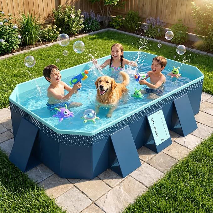 113" Foldable Pool for Adults & Kids, Large Capacity Non Inflatable Pool, Portable Hard-Side Foldable Swimming Pool, Above Ground Pool for Indoor Outdoor Backyard, Patio (Geranium Blue)