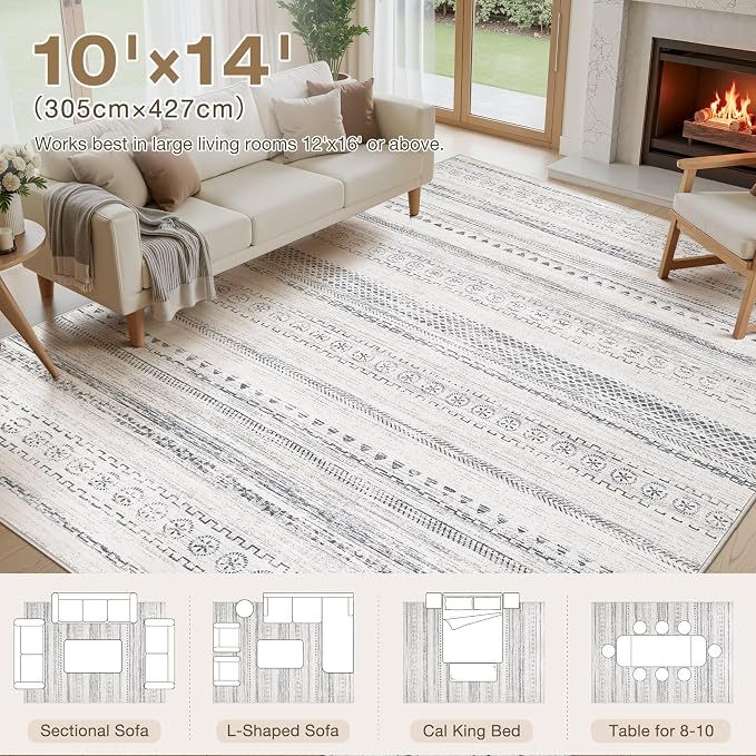kakania Washable 10x14 Area Rug for Living Room: Boho Geometry Home Decor | Soft Stain Resistant, Low-Pile, Non-Slip, Pet & Kid Friendly, Thin Rug for Bedroom/Dining Room/Kids Dorm - Grey
