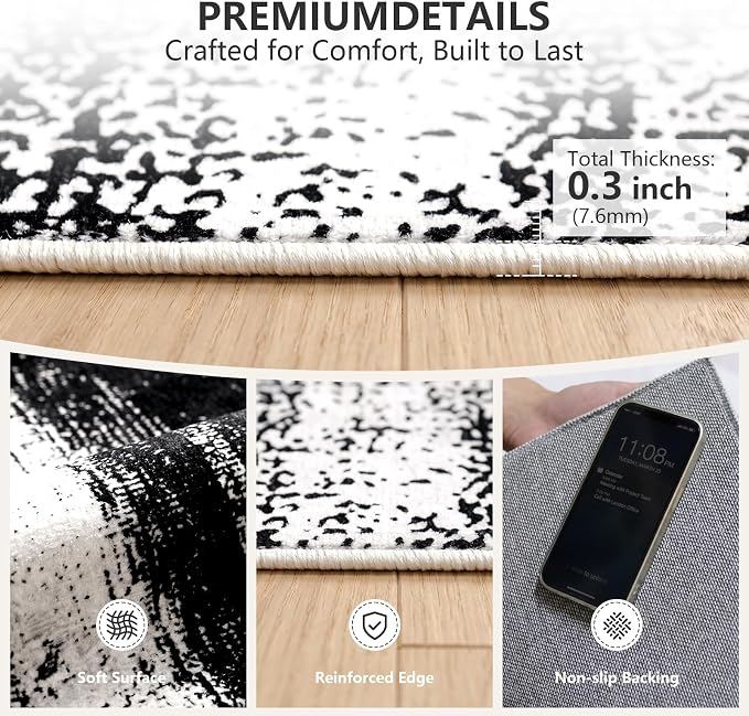 Black 6x9 Area Rug for Living Room Washable 6x9 Rug Non-Slip Modern Rugs for Bedroom Dinning Room Ultra-Thin Indoor Charcoal Distressed Black Rug