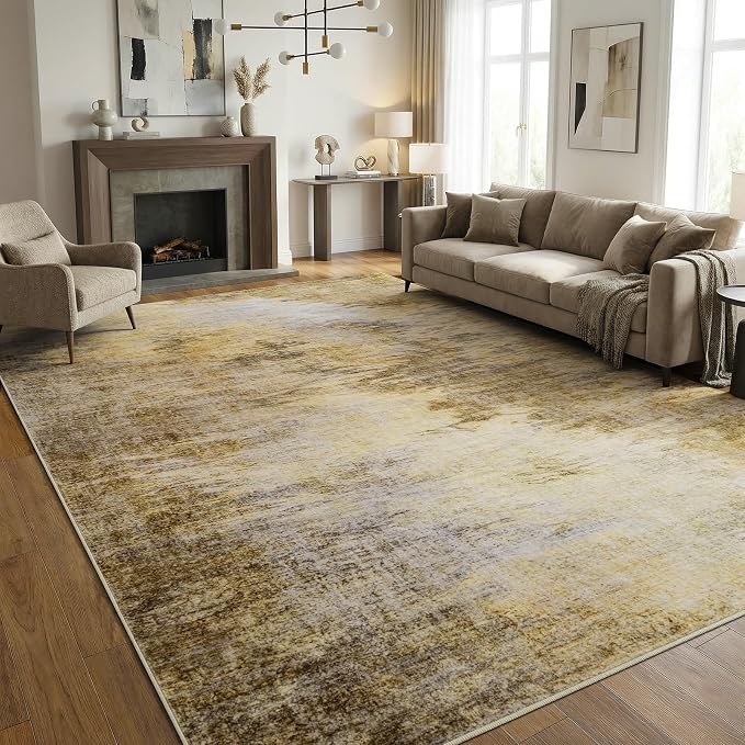4x6 Vintage Distressed Abstract Area Rug: Machine Washable, Non-Slip | Stain Resistant Low-Pile Carpet, Pet and Kid Friendly TPR Back Rugs for Living Room Bedroom Indoor Home Decor, Golden Fall