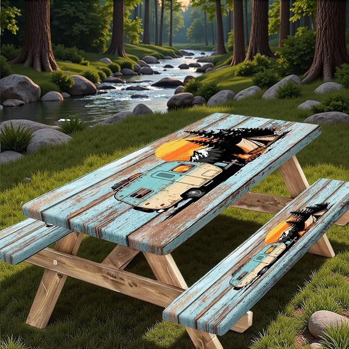 Picnic Table Cover with Bench Covers, 30x72 inch Waterproof Outdoor Camping RV Essentials Fitted Picnic Rectangle Table Cloth, Teal Brown Wood Texture Fitted Picnic Tablecloth with Elastic