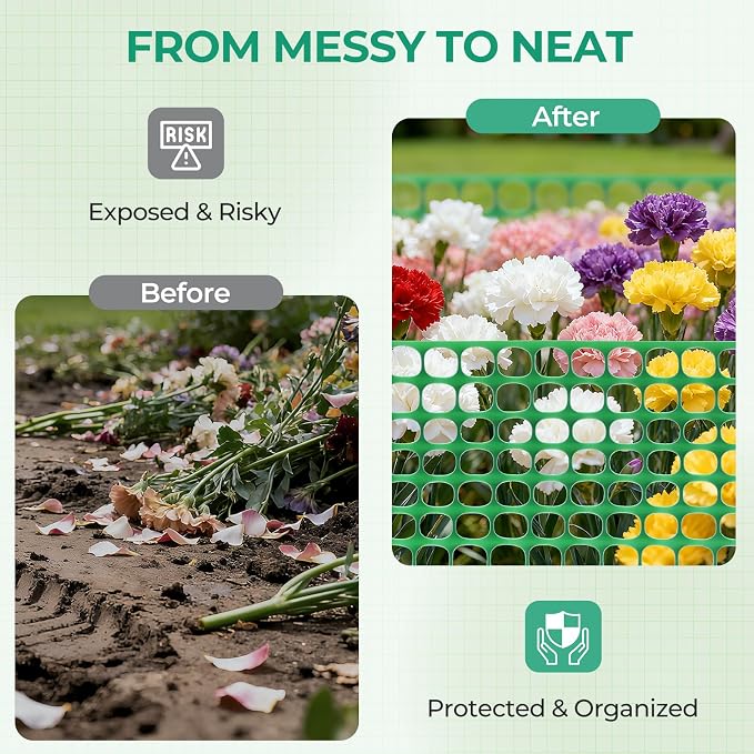 Ohuhu Plastic Garden Fence Safety Fence, 4'x100'/10.7 LB Reusable Netting Plastic Mesh Fence Roll, Temporary Fencing for Animal Barrier Construction Snow Fence Poultry Rabbits Chicken Dogs Deer Green