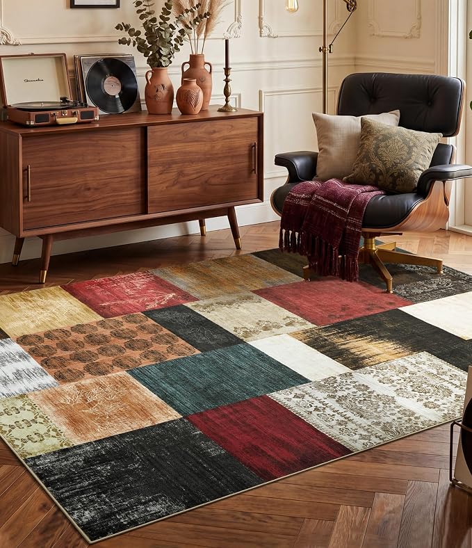 Mid Century Modern Vintage Cowboy Area Rug 3x5 for Bedroom,Retro Patchwork Living Room Rug Non Slip,Red and Brown Floral Farmhouse Rugs Washable, Geometric Boho Rugs for Kitchen,Dining Room