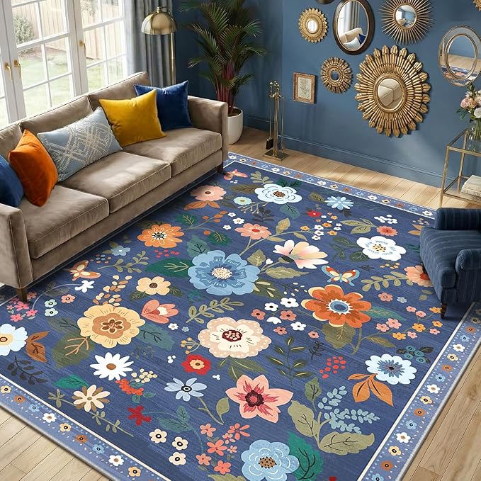 RELEANY Floral Washable 7x9 Area Rugs Blue/Grey | Flower Carpet, Print, Boho, Non-Slip, Easy to Clean, Soft, Low Pile for Living Room Bedroom Kitchen Office Entryway Hallway