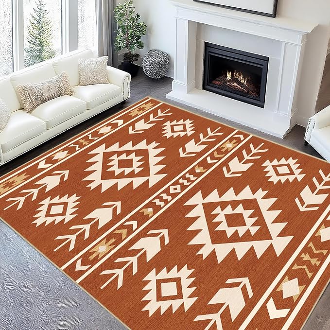 Area Rug 6x9 Western Rug Living Room Southwestern Aztec Tribal Rugs Southwest Navajo Machine Washable Non-Slip Printed Low-Pile Floor Carpet for Bedroom Dining Room Office, Yellow Brown