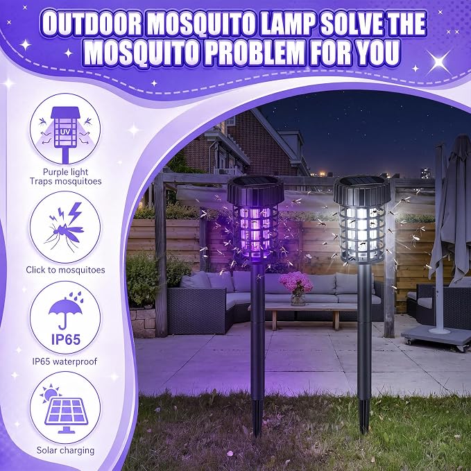 Qualirey 4 Pack Solar Bug Zapper Outdoor Waterproof Mosquito Repellent Killer Bug Zapper Lamp with LED Light for Outdoor Garden Patio Yard (White and Purple Light,Black)