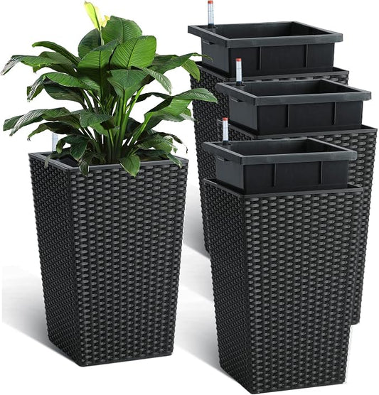 Garvee 16 Inch Tall Planters Set of 4, Self Watering Planters for Outdoor Indoor Plants with Drainage & Water Level Indicator, Tall Flower Pots for Front Porch, Patio, Balcony & Entryway