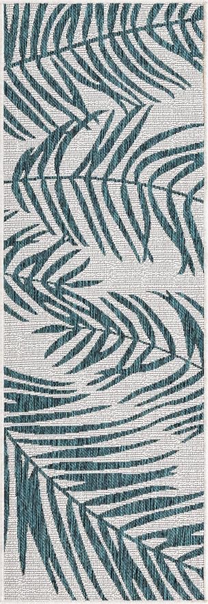 Unique Loom Outdoor Botanical Collection Area Rug - Palm (2' x 6' 1" Runner, Teal Ivory)