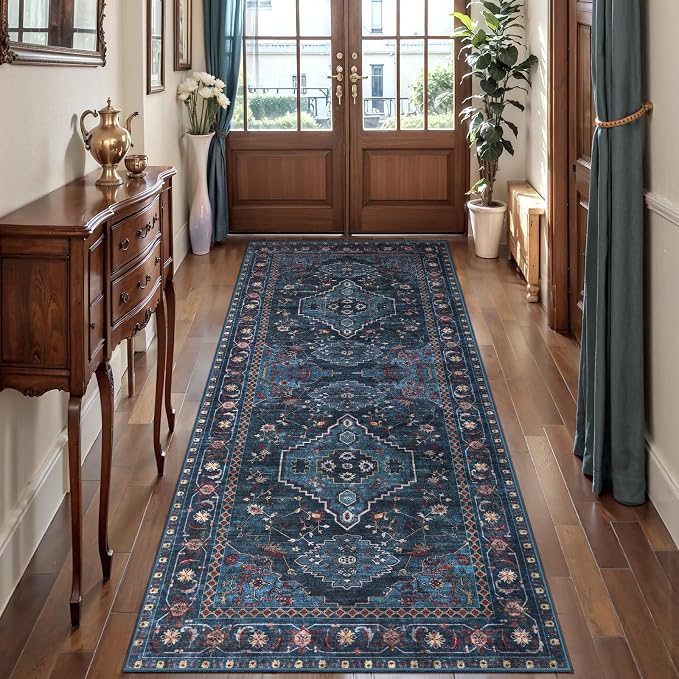 Tangsoo Vintage Blue 2x6 Washable Runner Rug for Hallways, Non Slip Hallway Rugs, Oriental Soft Low Pile Long Rug Carpet Runners for Kitchen Bedroom Entryway Bathroom Living Room Home Decor