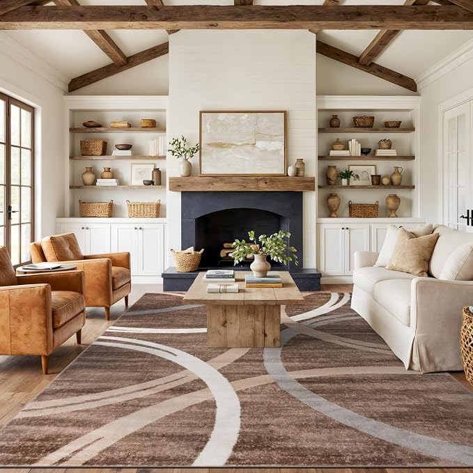 Rugshop Wavy Circles Modern Fade-Resistant Area Rug Brown 8'8" x 12' | High Traffic,Fade Resistant, Living Room, Bedroom, Dining Room, Large Areas,Basement,Open Spaces,Kitchen,Oversized Area Rug