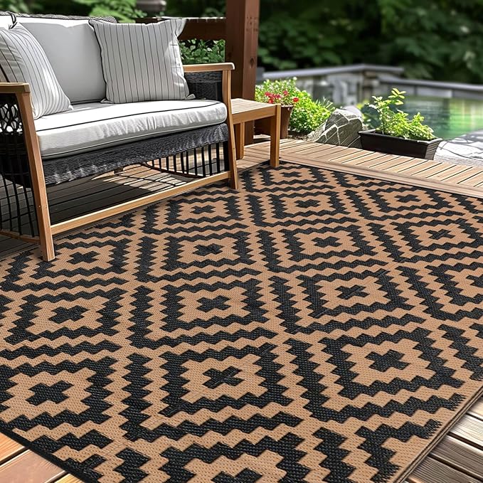 Outdoor Patio Plastic Straw Rug - 5x8 ft Outdoor Camping Rug Waterproof Reversible, Area Carpet Patios RV, Outside Porch Balcony Deck for Camper, Black & Brown