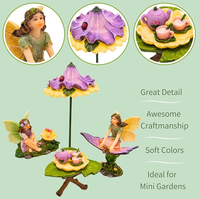PRETMANNS Fairy Garden Accessories Kit - Adorable Fairies for Fairy Garden Outdoor, Miniature Fairy Figurines with Furniture Set, Fairy Garden Supplies for Indoor Outdoor Décor