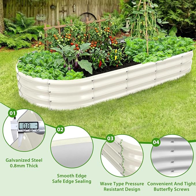 TBMLC Oval Galvanized Planter Box, Metal Raised Garden Bed - 0.8MM Thick- Ideal for Outdoor Gardening and Planting of Vegetables Flowers Fruits Succulent Plants and Others (White, 6X3X1 FT)