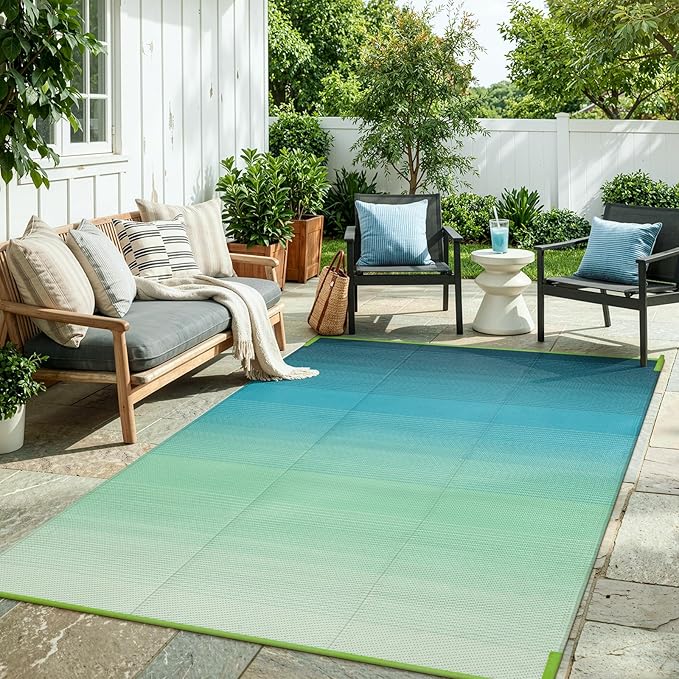 Lahome Outdoor Plastic Straw Rug 5x8, Reversible Waterproof Outdoor Rug Rv Outdoor Mats for Camping Large Carpet for Porch, Deck, Camper, Balcony, Picnic, Blue-Green 5x8