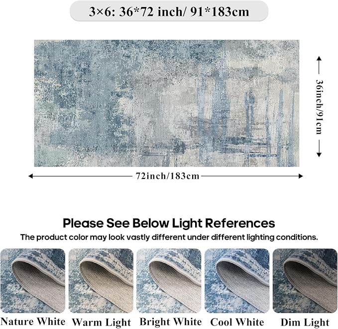 Blue Abstract 3x6 Washable Rug:Non Slip Hallway Runner Rug | Modern Soft Low Pile Neutral Carpet, Perfect for Kitchen, Entryway, Bedroom and Laundry Room