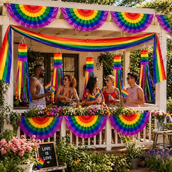 4Pack Progress Pride Bunting Flag 2x4 Ft Pleated Half Fan Flags Gay LGBTQ Pride Month Outdoor Decor Rainbow
