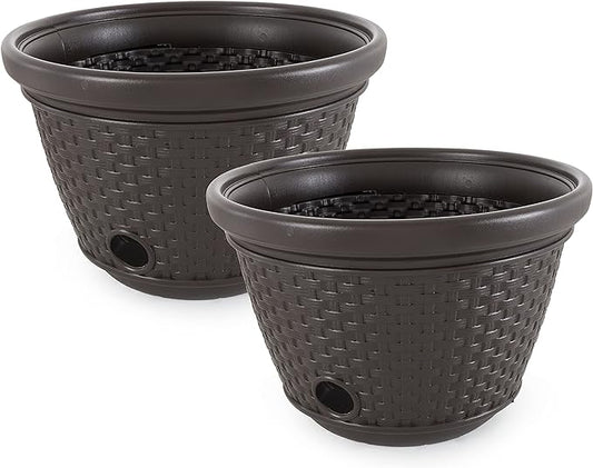 Suncast 2 Pack Decorative Wicker Garden Hose Holder Pot with 4 Drain Holes for 100 Foot Hoses, Java