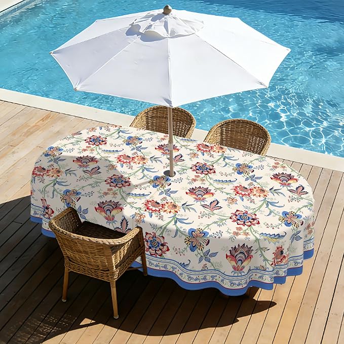 Vintage Flowers Outdoor Oval Tablecloth with Umbrella Hole 60" x 102" Waterproof Zipper Table Cloth for Garden - Ideal Patio Table Cover for Picnics, Camping, and Yard Use