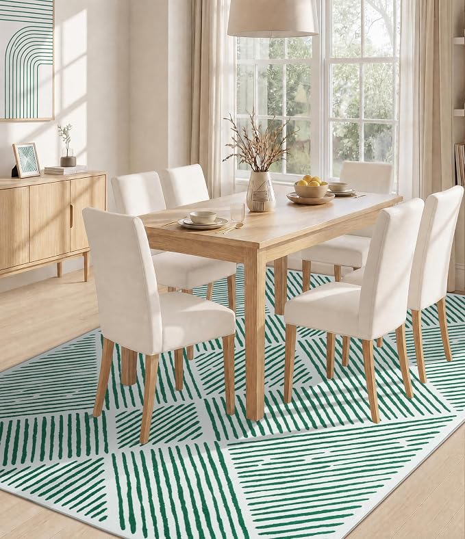 5‘x7' Washable Mid Century Modern Green Area Rug for Living Room | Non-Slip, Soft, Low Pile, Stain Resistant, Modern Geometric Stripe Rug for Bedroom Dining Room