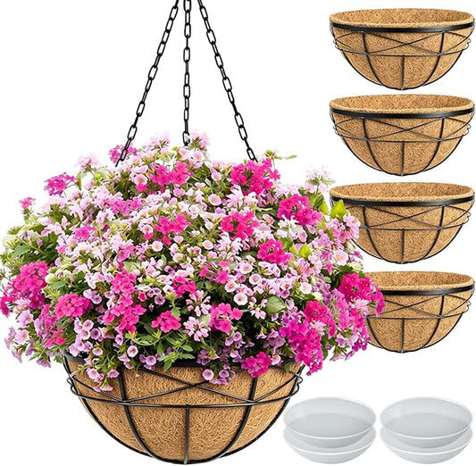 4 Pack 18 Inch Hanging Planters for Outdoor Plants Extra Large Hanging Baskets Flower Pots with Natural Coconut Liner for Porch Balcony Garden Decor