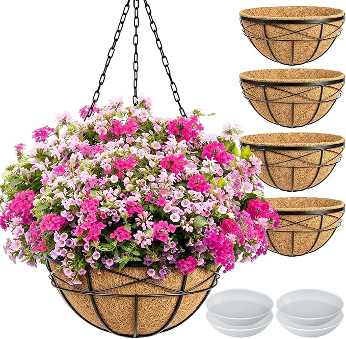 4 Pack 16 Inch Hanging Planters for Outdoor Plants Metal Wire Flower Baskets with Coco Liner & Plastic Saucer Large Deep Hanging Plant Pots for Porch Balcony Garden Décor