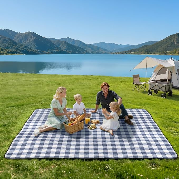 TigeJoy Extra Large Picnic Blanket Waterproof Foldable 60''x80'', Outdoor Picnic Mat Beach Blanket Sandproof for Park, Grass, Travel, Hiking, Camping Essentials, Gingham Picnic Blanket