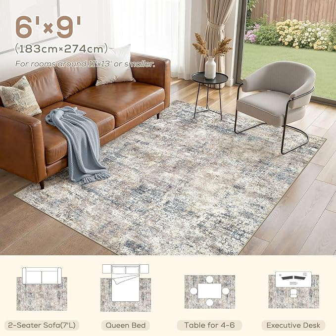 Nakagishi 6X9 Abstract Washable Area Rugs for Living Room-Blue Brown | Modern Non-Slip Silicone Backing Low Pile Soft Carpet for Bedroom Dining Decor Ideal for Families with Kids and Pets