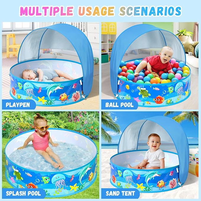 Baby Pool with Canopy Foldable Kiddie Pool with Sun Shade Pools for Toddlers Baby Beach Essentials Pop Up Tent Swimming Wading Pools Portable Summer Water Play for Indoor Outdoor Beach Backyards