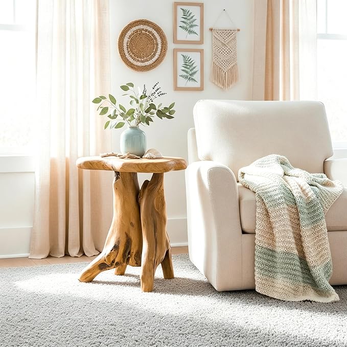 WELLAND Natural Tree Stump Stool, 19'' Tall Side Table, Live Edge End Table, Natural Edge Accent Table, Plant Stand for Living Room, Bedroom