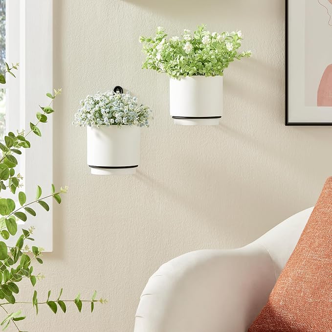 2 Pcs Wall Mounted Hanging Planter Vase for Indoor and Outdoor Plants Modern Metal Wall and Ceiling Planter Minimalist Flower Pot (White, 5.91 inch)