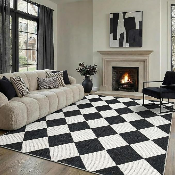 GarveeHome 5x7 Checkered Area Rug Black and White Washable Living Room Rug | Modern Geometric Farmhouse Carpet Soft Low Pile Non Slip Diamond Floor Mat Plaid Print Throw Rug for Dining Room Playroom