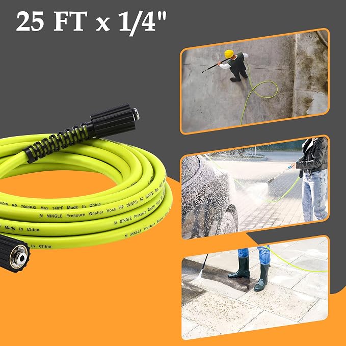 M MINGLE Pressure Washer Hose 25 FT x 1/4" - Replacement Power Wash Hose with M22 14mm Fittings - 3600 PSI