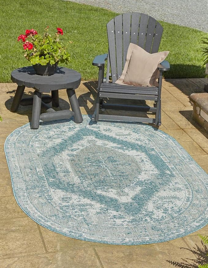 Unique Loom Outdoor Traditional Collection Area Rug - Valeria (3' 3" x 5' 3" Oval, Aqua/ Ivory)