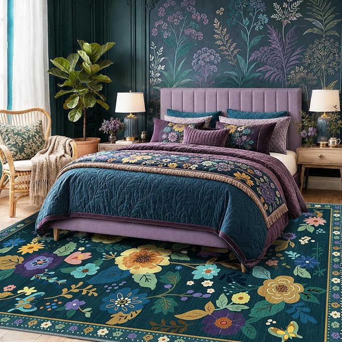 RELEANY Floral Washable 8x10 Area Rugs Teal/Purple | Flower Carpet, Print, Boho, Non-Slip, Easy to Clean, Soft, Low Pile for Living Room Bedroom Kitchen Office Entryway Hallway