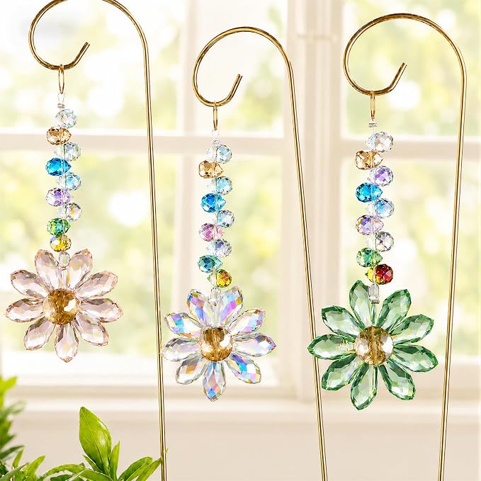 H&D HYALINE & DORA 6 Pcs Colorful Crystal Sunflower Suncatcher Plant Stake Plant Stake with Golden Small Trellis Indoor Outdoor Garden Sun Catchers Decor