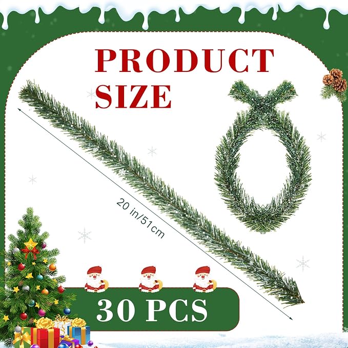 Zhengmy 30 Pcs 20 inch Christmas Garland Ties with Snow-Frosted Pine, Decorative Twist Tie for Banister Flexible Pine Stems for Christmas Stairs Railing Banister Decor DIY Craft Gift Wrapping