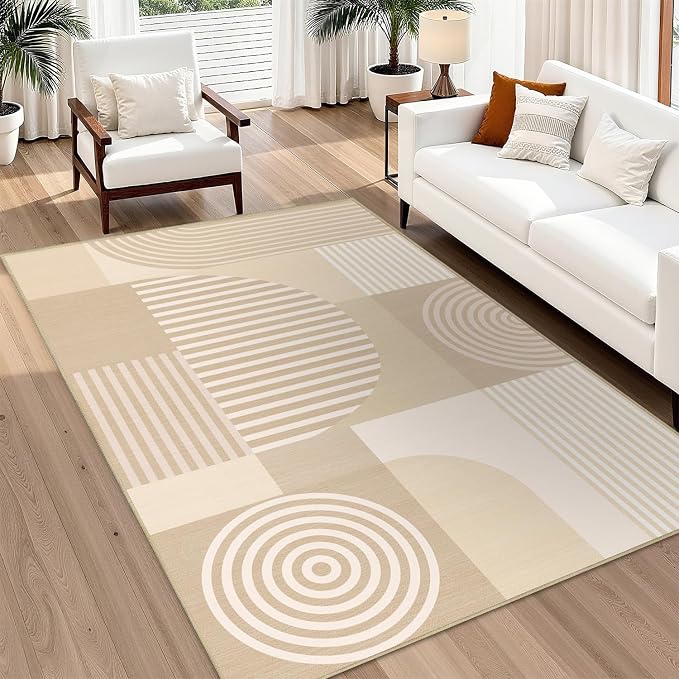 Area Rug 6x9 Living Room Beige Geometric Rug Machine Washable White Minimalist Mid Century Modern Area Rugs Non Slip Low Pile Large Dining Room Indoor Floor Carpet for Bedroom Office,Beige