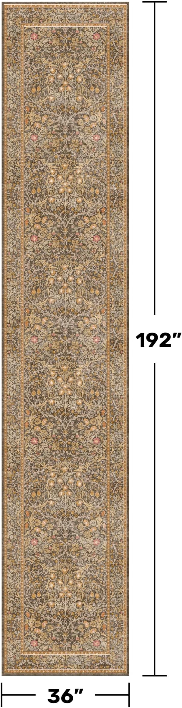 Brown Washable 3x16 Extra Long Runner Rug for Hallway Non Slip, Ultra Thin Large Kitchen Indoor Floor Rugs for Entryway Hall Way, Soft Stain Resistant Low Pile Vintage Floral Carpet