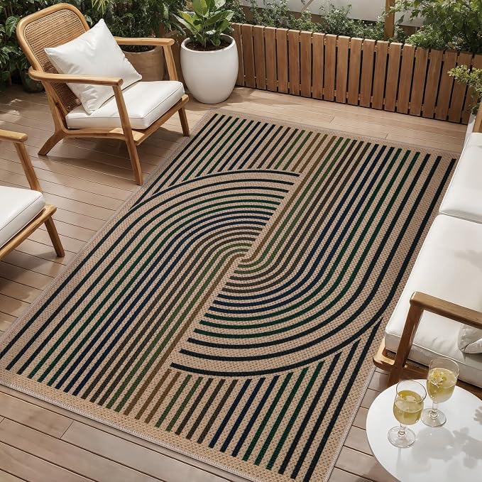 Tangsoo Easy Jute Area Rug 4x6 Washable Rug for Indoor Outdoor Patio,Non-Slip Indoor Outdoor Carpet,Farmhouse Colored Lines Throw Mat for Front Porch Kitchen Bedroom Foyer