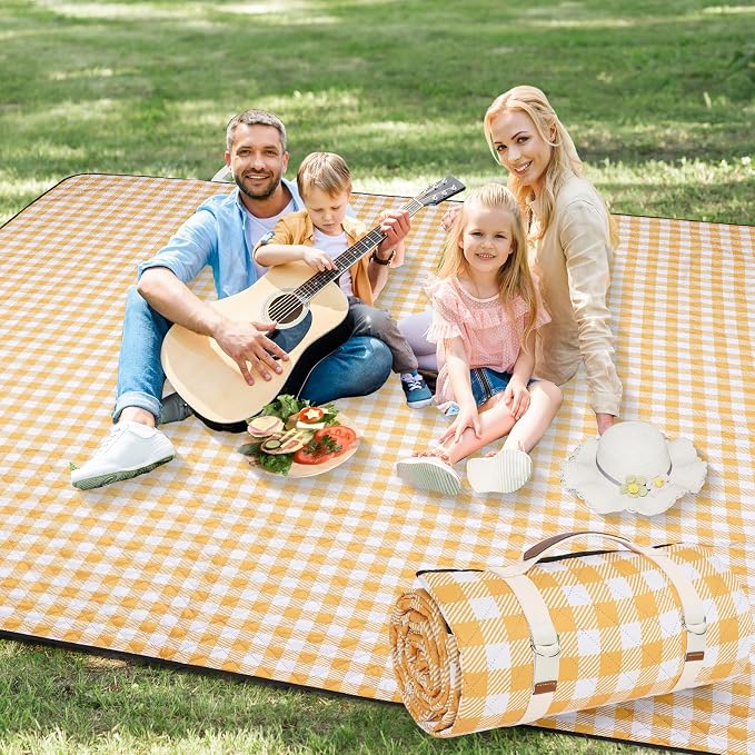G GOOD GAIN Picnic Blankets Outdoor Extra Large - 80"x80" Portable Waterproof Picnic Blanket, Machine Washable 3-Layer Foldable Park Mat with Sandproof Backing for Grass, Hiking, Travel (Yellow)