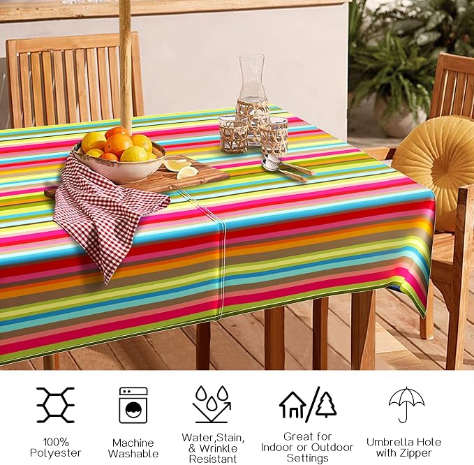 Outdoor Tablecloth with Umbrella Hole and Zipper, Rectangle Patio Table Covers for Spring/Summer, Machine Washable Outdoor Picnic Table Cloth (01stripes, 60" × 120" Rectangular)